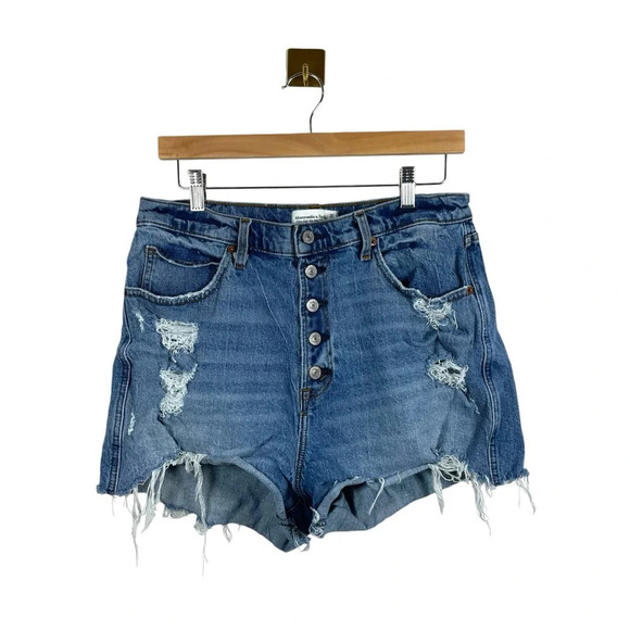 Abercrombie & Fitch Ultra High Rise Mom Curve Love Denim Shorts in Blue Size 32 - Picture 1 of 9